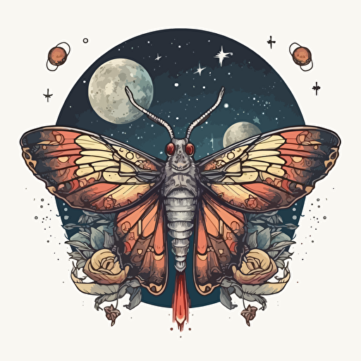 a beautiful moth with a surrounding stars and moons design in detailed drawing style + simple vector + bright colors on a white background