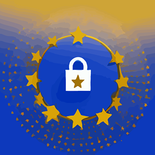 white silhouette of a padlock with a checkmark in the center, on a two-tone royal blue background, with twelve gold stars in a concentric circle around it, vector, digital illustration