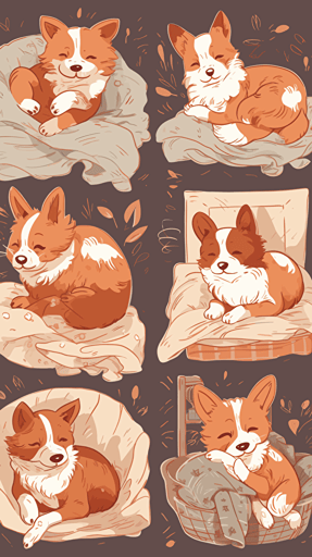 Set of charming hand drawn puppies in various sleeping positions on a cozy bed, surrounded by soft blankets and pillows, with warm sunlight streaming through the window, evoking coziness and comfort, Vector illustrations, warm lighting,