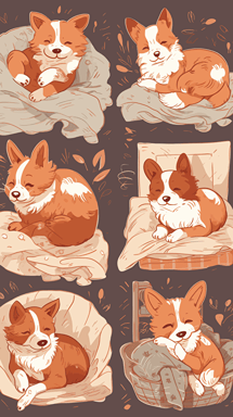 Set of charming hand drawn puppies in various sleeping positions on a cozy bed, surrounded by soft blankets and pillows, with warm sunlight streaming through the window, evoking coziness and comfort, Vector illustrations, warm lighting,