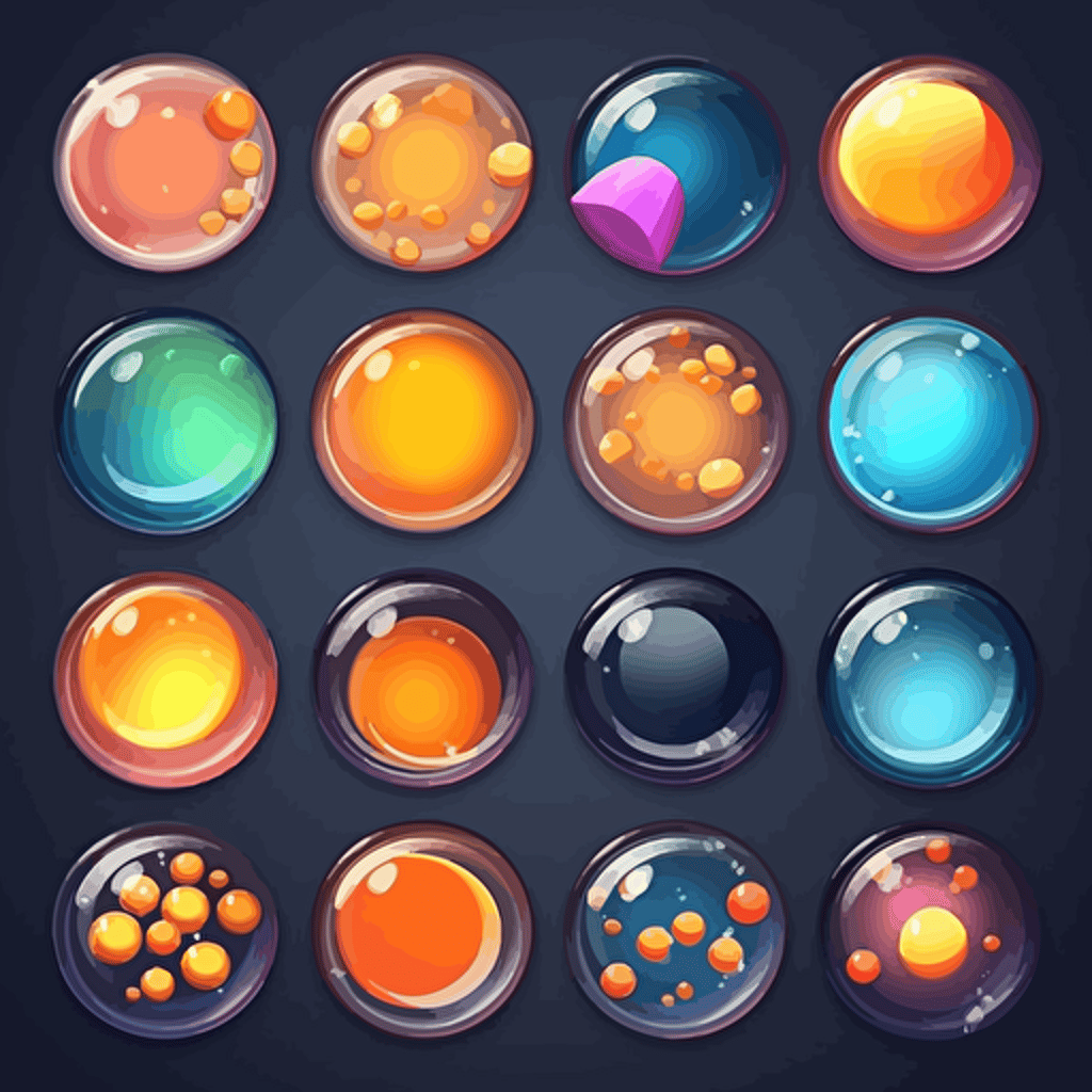 design me a set of 2d vector colorful rounded bubbles for match 3 games, high quality and detail, octane render, artstation, behance