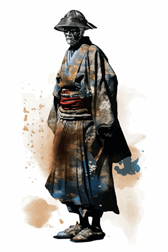watercolor vector art, Samurai, inspired by Japanese color palettes, white background, depth, detailed