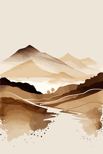 Brown and beige watercolour landscape, minimalist, vector, contour
