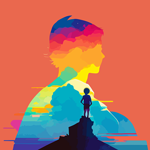 an illustrated kids album cover art, a young child sitting on top of dad's shoulders looking away, silhouette no faces, bright happy pastel colors, vector art