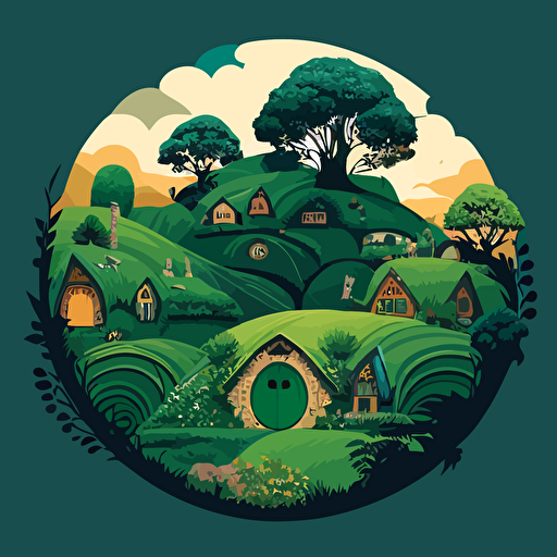 the shire with many hobbit homes with round doors, Green Fields, flat vector, studio ghibli style