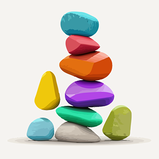 six colourful stones leing streight on each other, vector illustration, white background, balanced asymmetry