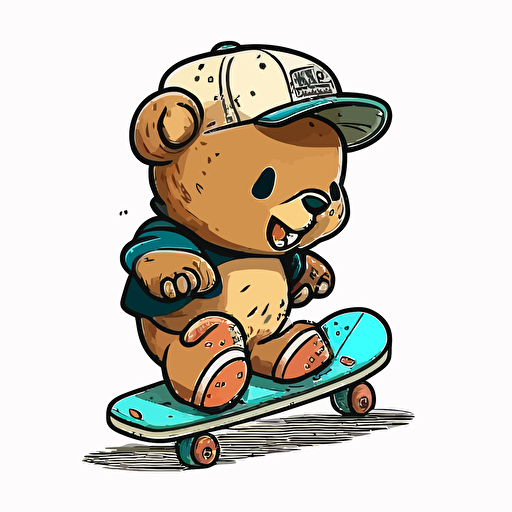 teddy bear riding a skate board, vector, illustration, full color, hd, cartoon, contour, white background, simple illustration