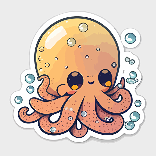Octopus, Sticker, Adorable, Warm Colors, Kawaii, Contour, Vector, White Background, Detailed