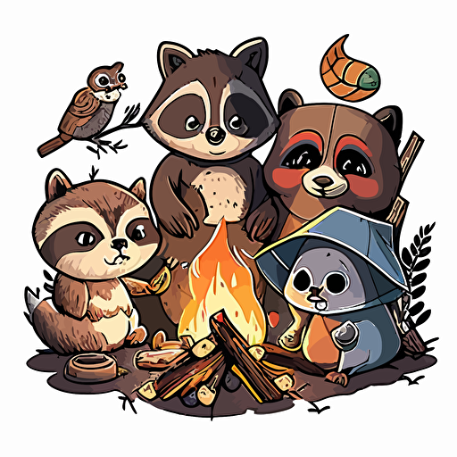 cartoon racoon, bear, bunny, owl gathered around fire camping vector art sticker