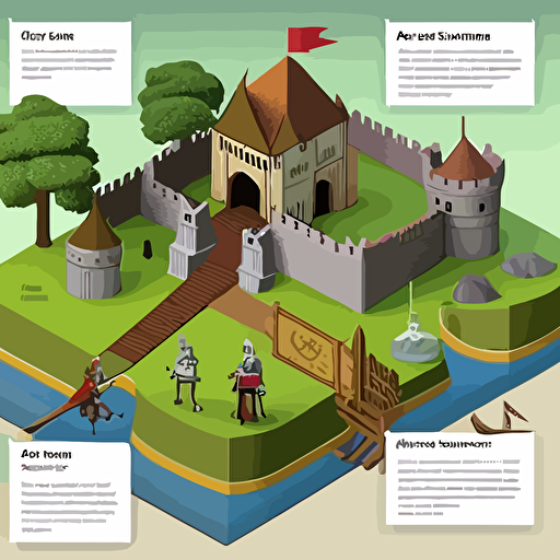 a presentation with a castle showing defense layers, vector art, illustration, moat, draw bridge, guards, archers