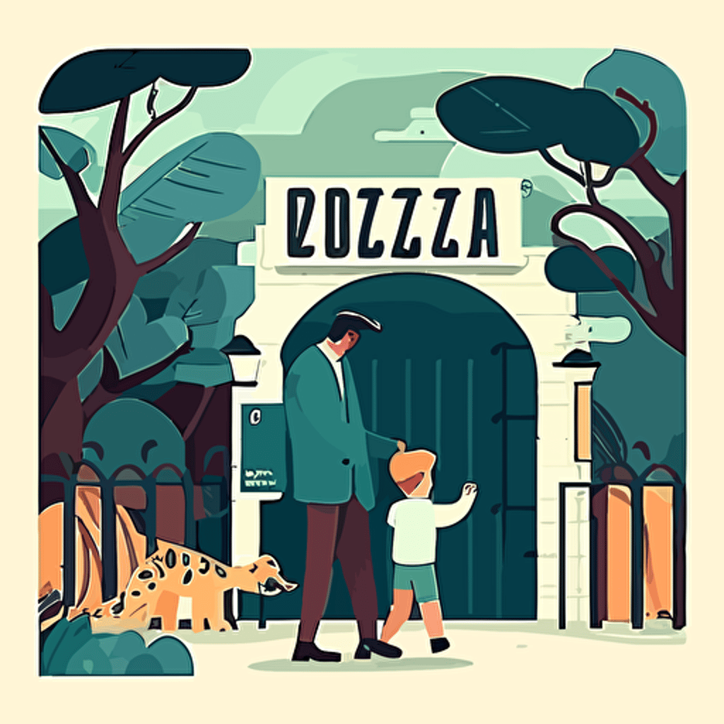 little boy visiting zoo with his father, children's book cover, zoo entrance, flat colors, 2d, vector