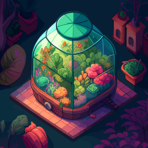 a greenhouse in a vegetable garden, in the style of a top-down view videogame, 2D, vector art, procreate, quirky visual storytelling, still life, fun, cozy, bloomcore, vibrant colors, cute