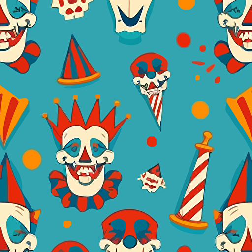 a scary clown seamless pattern using scary circus items in a simple vector style with highly saturated colours