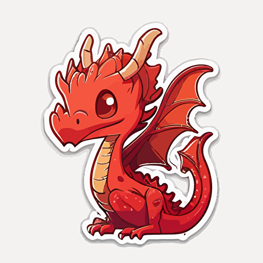 kawaii red dragom, sticker, vector, white background, contour, cartoon style