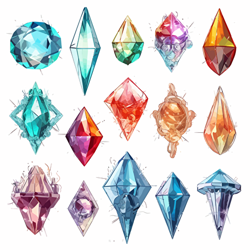 Collection of futuristic cut jewels, cyber punk, translucent, shiny object, high detail, symmetrical, vector, cartoon, white background
