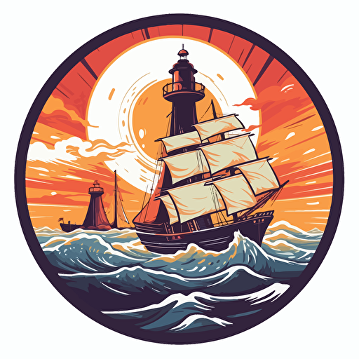 vector logo 16:9 format , columbian style, a ship and a lighthouse