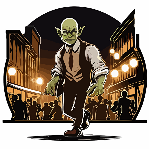 Goblin working as a bouncer in front of a night club in the bad part of city, vector logo, vector art, emblem, simple cartoon, 2d, no text, white background