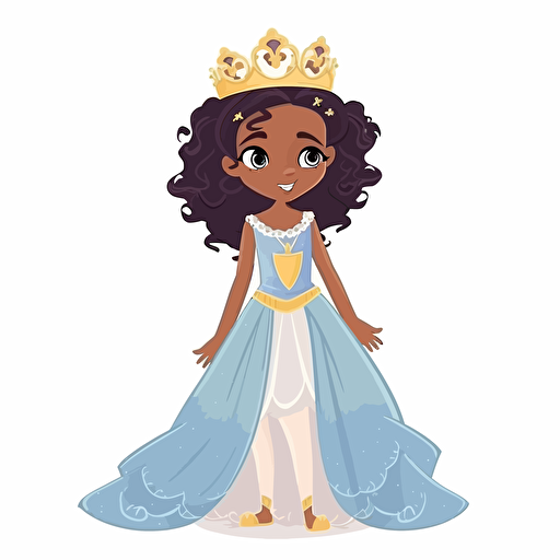 vector illustration full view image, multiple actions poses like running, walking, jumping and talking, of a cute, adorable, beautiful little mix race girl princess standing, wearing a white and blue child gown and a beautiful golden crown.