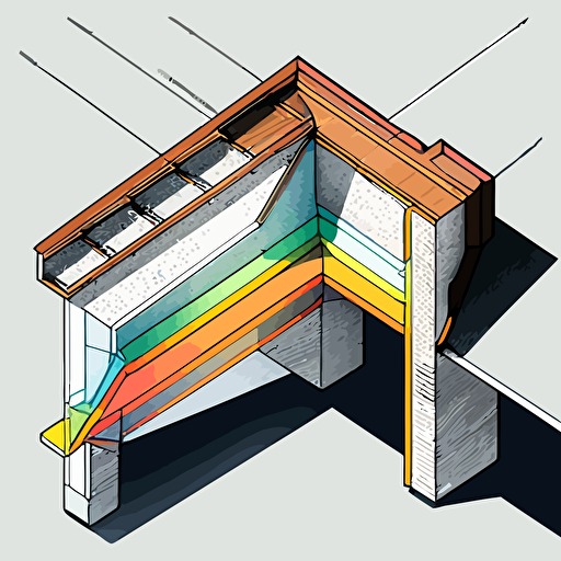 an architectural axonometric vector colored line drawing showing proper saddle flashing details at a beam-to-wall connection