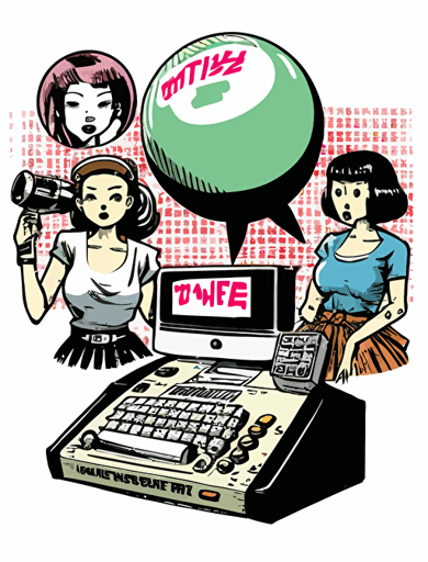 Japanese comic book style, an Asian young climate activist, a Asian feminist, a female human rights activist, and a female worker imagine a "hammer" and a "keyboard," together on a big stage, and their imagined hammer and keyboard shapes float in a single bubble, Non-letter illustration. white background, vector, illust