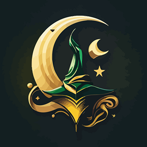 a stylish vector logo with a moon and a wizard hat, golden and green