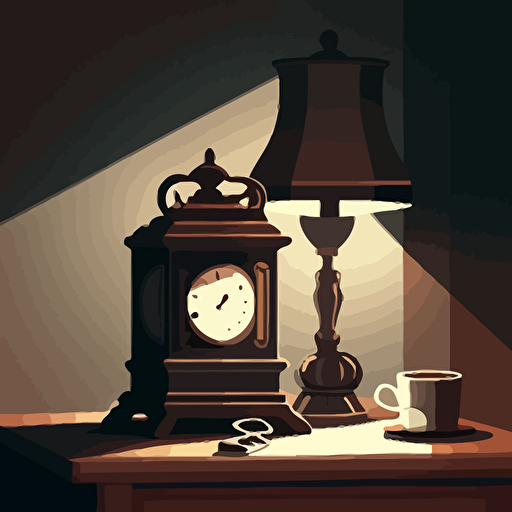 illustrated scene of a nightstand with an alarm clock and a lamp. Vector. Moody. Detailed. Contrasting shadows