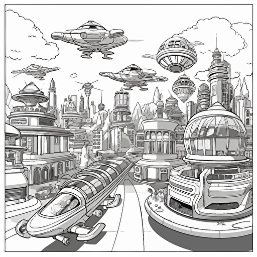 Futuristic City. Many Flying Cars. No Shadow. Cartoon. Coloring page. Vector. Simple.