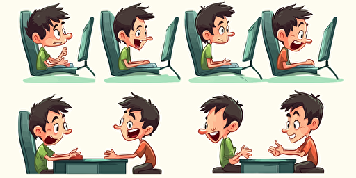 a boy using computer learning, happy expressions. 2D, vector illustration, bright colors. Drawing using AI.