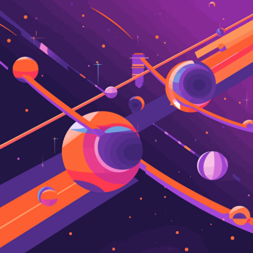 space station warping, planets, 2D, vector, flat art, fedex purple and orange