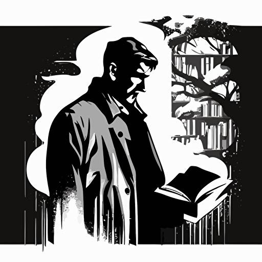vector, logo, for a bookstore, a mysterious man reading a book, black and white