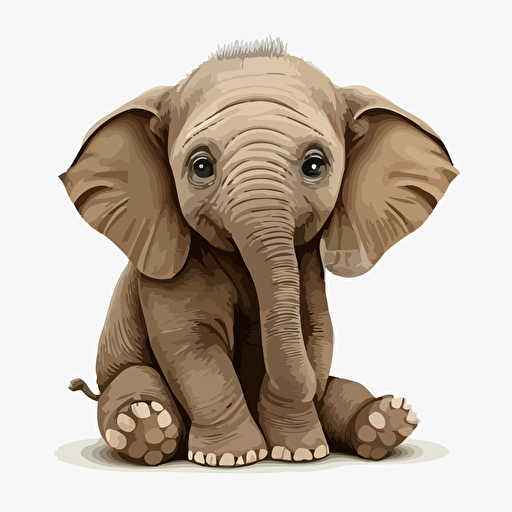 sitting baby elephant with large eyes, vector style, white background