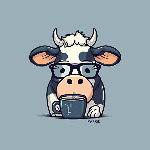 Cute Cow wearing glasses and drinking milk, comic vector illustration style, flat design, minimalist logo, minimalist icon, flat icon, adobe illustrator, cute, Simple