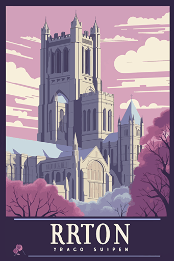 Flat vector art illustration | travel poster featuring | The Ripon Cathedral United Kingdom | Pastel blues, purples, and pinks | Wide Angle | no text |