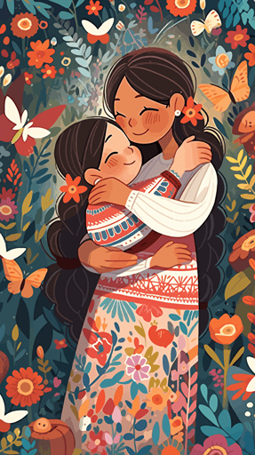 In the center of the picture are mother and child, both smiling. The mother's arms are wrapped around the child, and the child rests his head on the mother's shoulder. They are dressed in bright colors, making the whole picture look lively and cheerful. The background is a beautiful garden full of flowers and greenery. Some butterflies and birds also appear in the picture, adding some natural elements to this warm scene. The tone of the picture will be very bright, moments of happiness and joy, vector illustration,flat illustration, whimsical children's book illustration