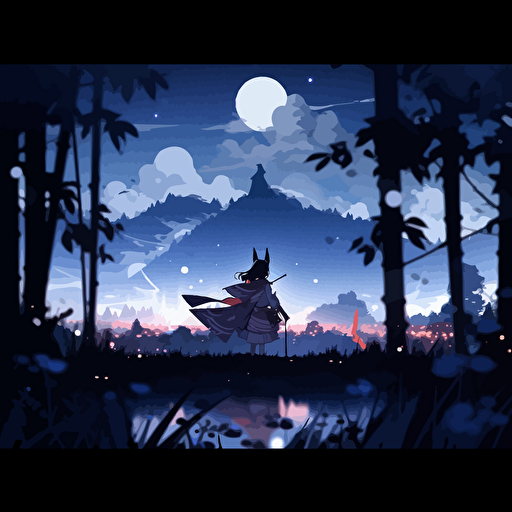 the night in the mountains in japan, full moon, relaxing picture, vector style