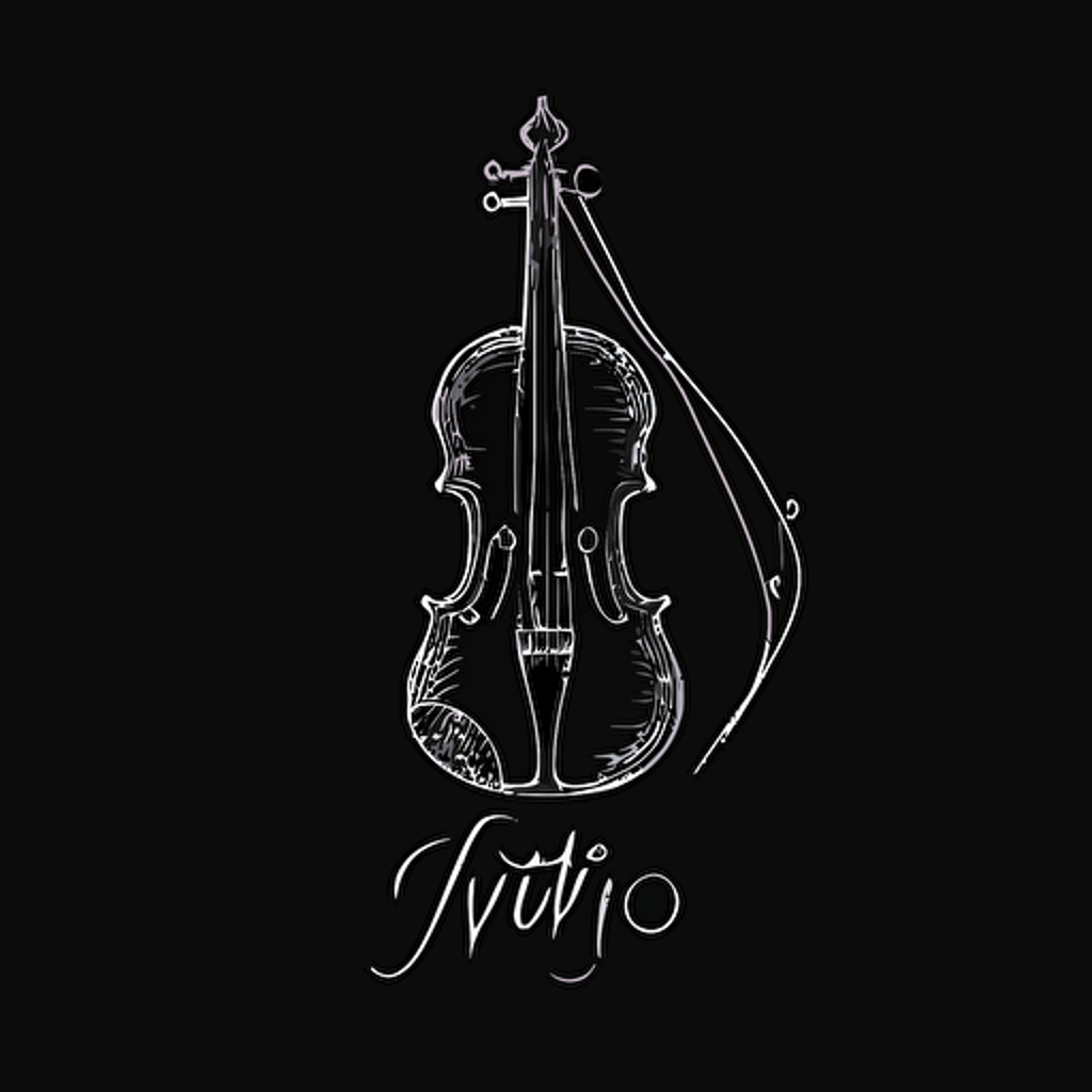 minimal white line logo of a violin "atempo" text black background, vector