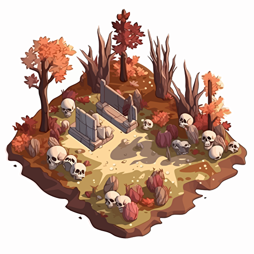 isometric cartoon vector image of a dead botanical garden, dead leaves, brown plants, mud