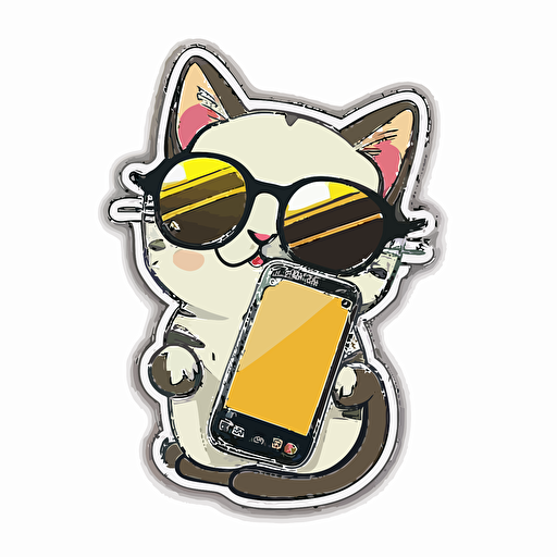 Kawaii cute happy cat wearing handphone sunglasses, professional Sticker vector, contur white background
