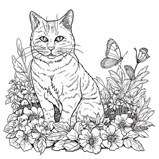 vector image for a coloring page of a cat playing with flowers