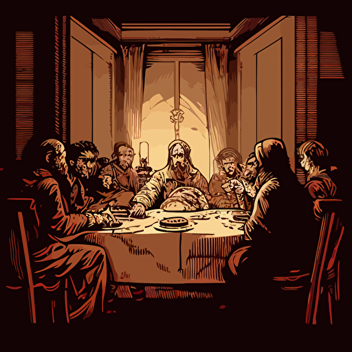 Drawing from Leonardo da Vinci's "The Last Supper," design a vector illustration of a modern-day dinner party where Satoshi Nakamoto is the host, engaging in conversation with notable figures from the world of technology and finance. Set the scene in an elegant dining room.