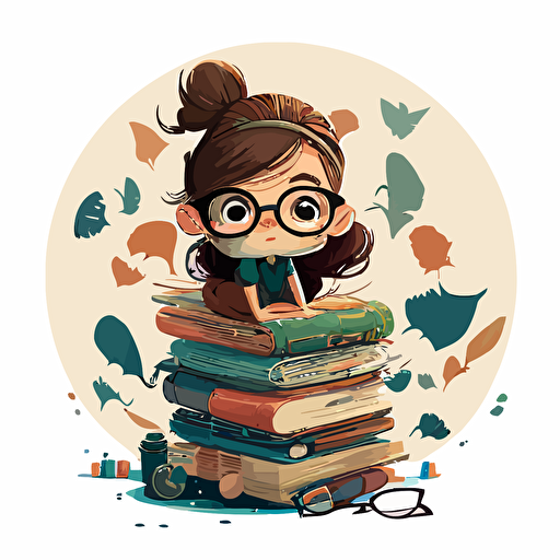 Imagine a Disney-style vector caricature of a nerdy girl sitting against a plain white background. The girl is wearing glasses and surrounded by a pile of books. The artwork is designed in a round circle format, with a whimsical and playful tone to it. 12k v 5
