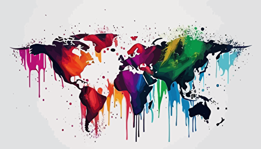 World Map Symbol, esoteric, minimalist, abstract, vector art, rainbow, color splashes, white background, colorful, splash style ,