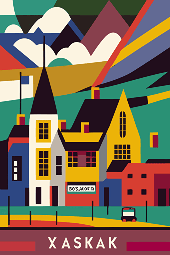 flat, vector, svg, pdf, scottish village, by Keith Haring, Wassily Kandinsky