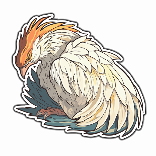 sticker of an anime sleepy phoenix drooping his long neck down, highly detailed, vector art, defined sticker cutout, plain white background, 32k