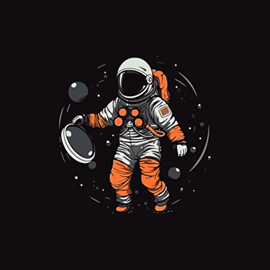 an astronaut holding a big circular object,his whole body can be seen, 2d vector on black background