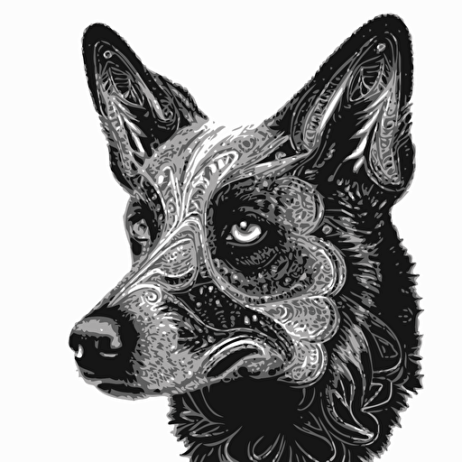 Alex grey concept art of an Australian cattle dog head black and white, vector,— v 5