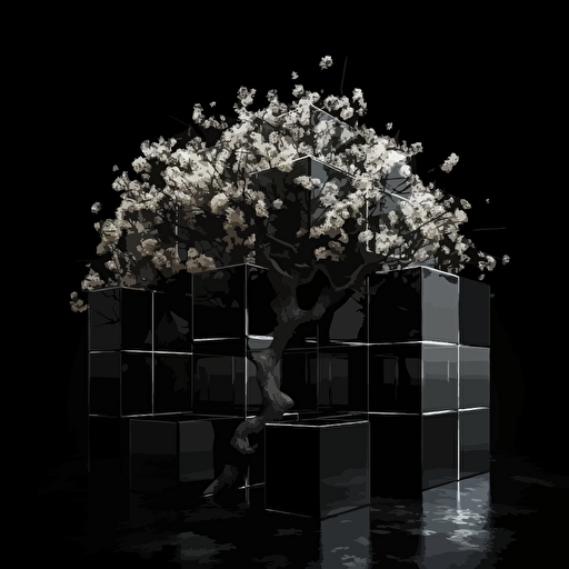 Black background contrasted by a vectorise style cube tree