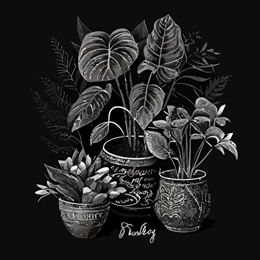 vector drawing of a family of beautiful houseplants in cylinder ceramic pots outlined in white on black textured paper, include a majestic palm and snake plant, prayer plants and monstera leaves, portrrait, logo, no detail