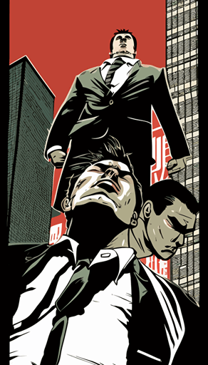 a rooftop, two mafia gangster holding a man headfirst over the edge og the bulding, yakuza, manga comic style, simple vector illustration, flat design,