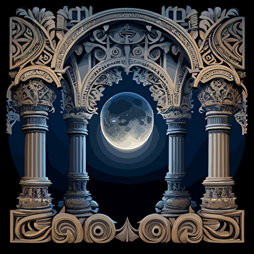 composotion of full moon visible around renaissance style columns but the corners of artwork covered with fleur-de-lis style ornate borders. All of the artwork created using basic vectors